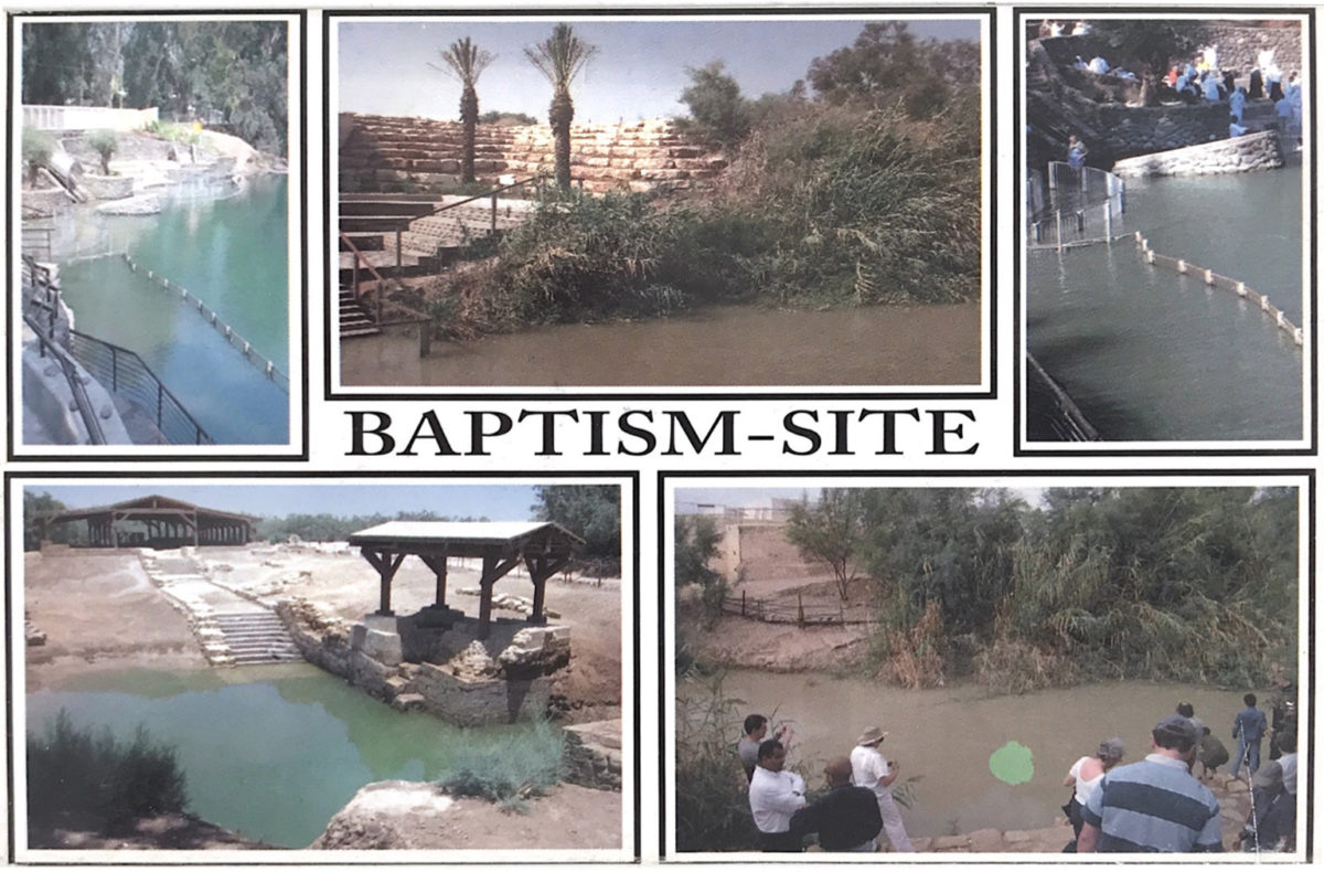 An image of a postcard depicting the site of the baptism of Jesus Christ called Al-Maghtas in Jordan. With text that says: “ Baptism-site”.