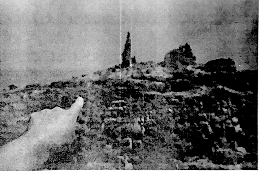 A black and white image of a mans hand point to the site of Lot's wife near Gwar Al Safi in Jordan.