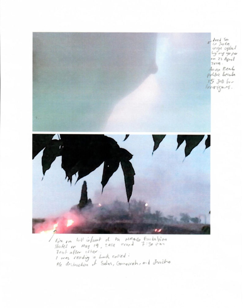 A mix of images and text on an A4 white paper. On the top is an image of a woman’s breast under water with some handwritten text next to it in black pencil. On the bottom there is an image of an urban landscape. There is a fire burning in the distance. It is dusk.