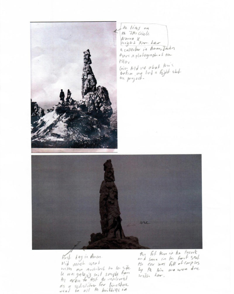 A mix of images and text on an A4 white paper. On the top there is an image of an old black and white photograph of the site of Lot’s wife with some handwritten text next to it in black pencil. On the bottom there is a contemporary image of the same site in color.