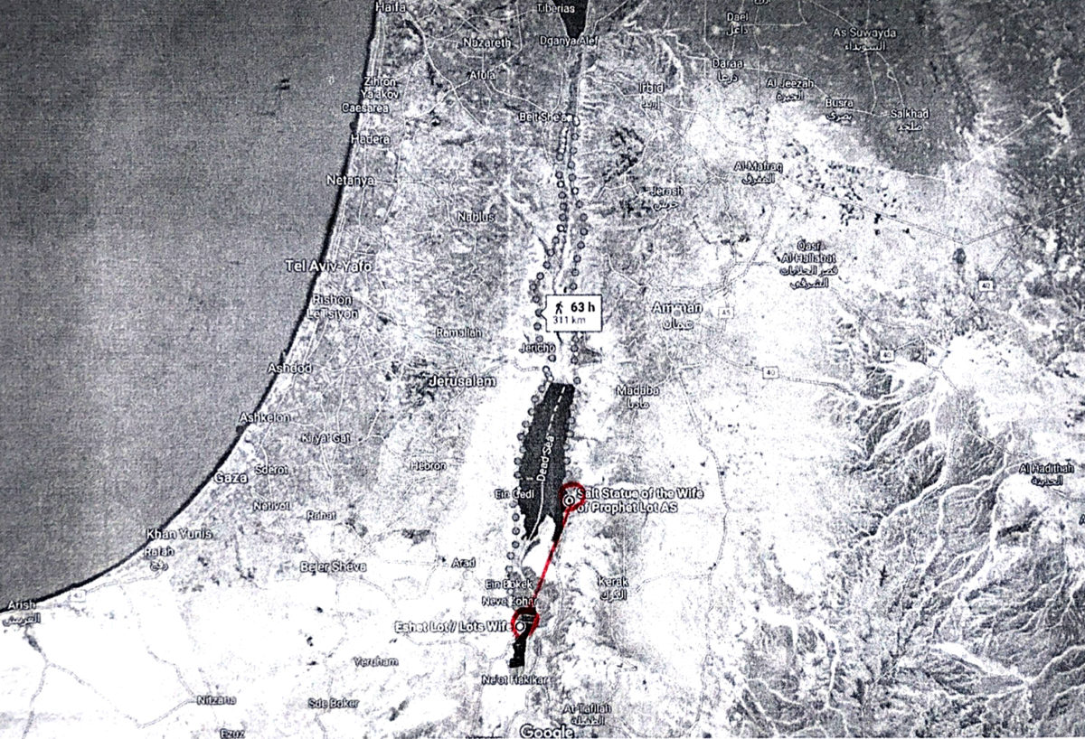 A black and white photocopied image of the Dead Sea region highlighting the two sites of Lot’s wife on either side of the border between Jordan and Palestine.