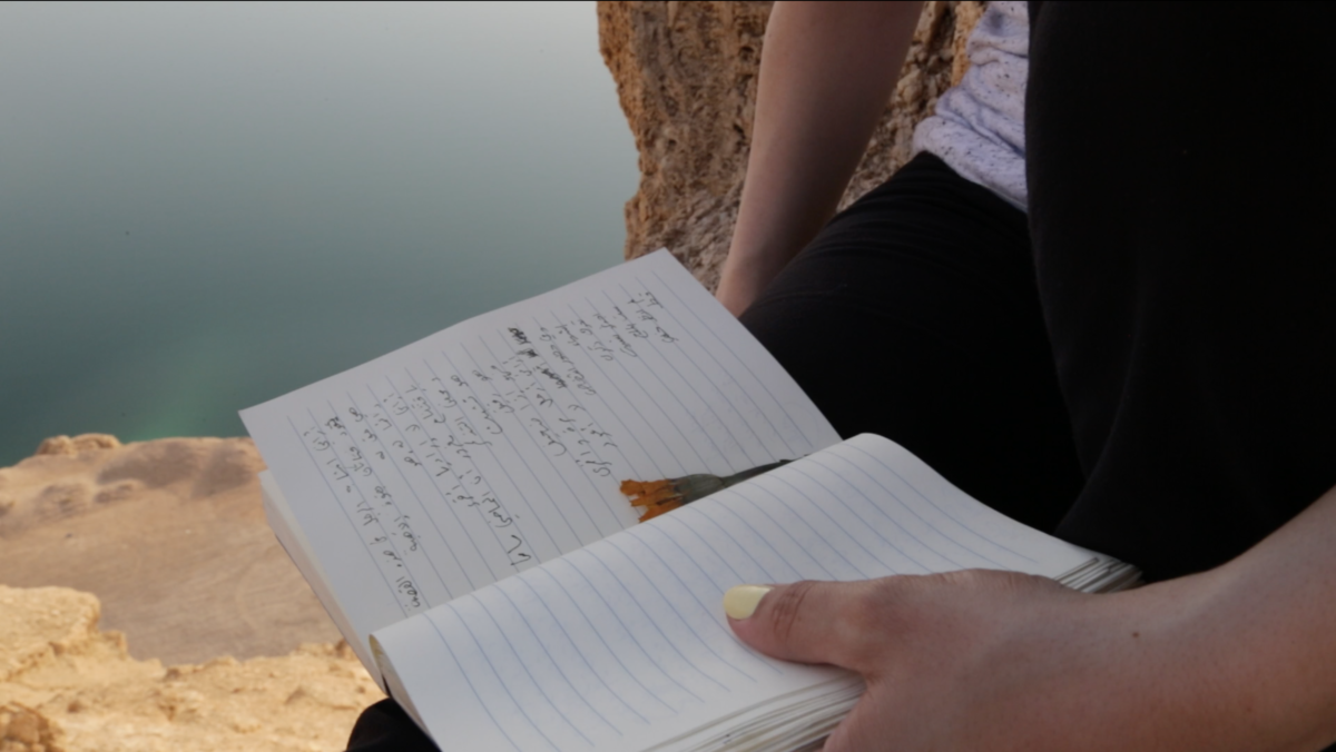 A hand is holding a notebook. There is a dried orange flower on the page and some handwritten Arabic text. The person holding the notebook is sitting on a rock. The sea is visible in the background.