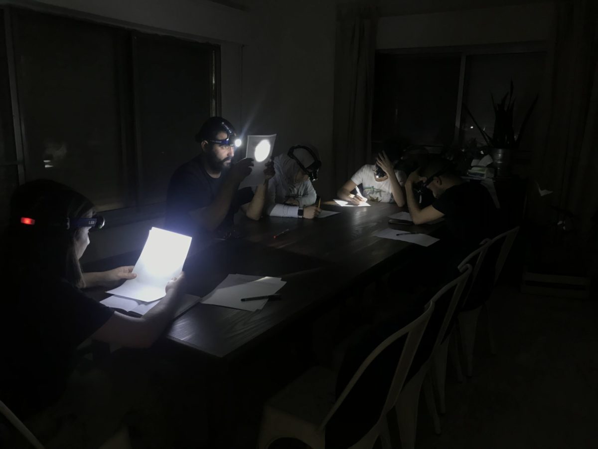 Five people sitting around a table with flashlights on their heads. The room is dark and the people are writing a text on pieces of paper.